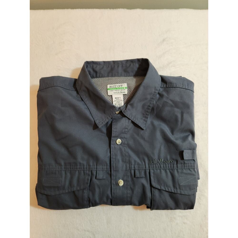 L.L. Bean Shirt Men XL Tall XLT Gray Short Sleeve Buzz Off Fishing Camping Hike